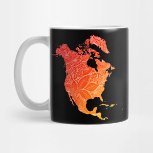 Colorful mandala art map of North America with text in red and orange Mug